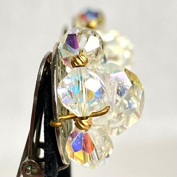 Stud Earrings Clear Aurora Borealis Glass Cluster Wired Beaded Clip Ons - Picture 3 of 6